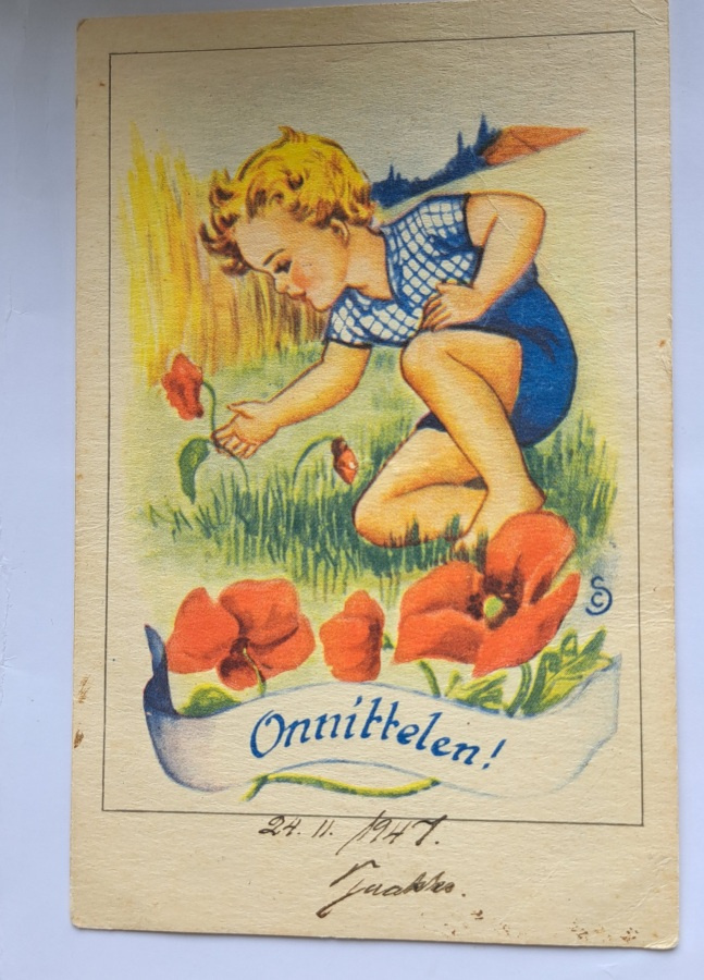 Lapsi poimii kukkia,kukkia, sign ?, kulkenut 1947