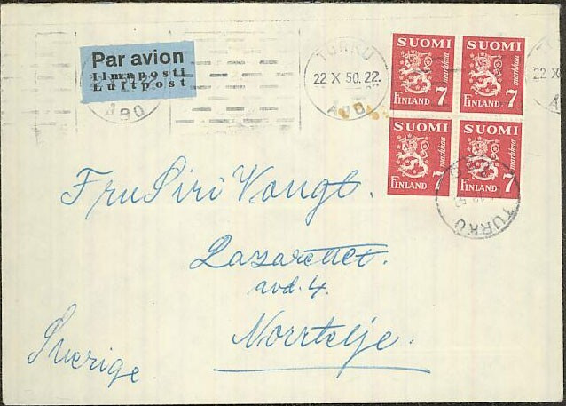 1947 7mk punainen leijona nelilö lentokirje Ruotsiin
