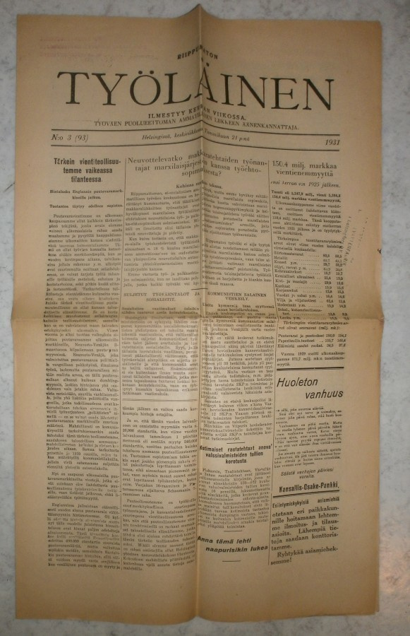 Sanomalehti Riippumaton Työläinen, N:o 3, 21.1.1931
