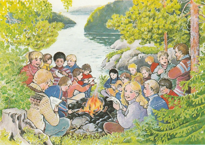 Postikortti  NUORISOSEURAT 100 Vuotta, Nuotiolla