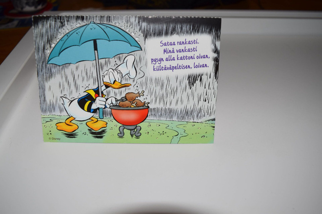 postikortti (A) aku ankka grillaa vesisateessa