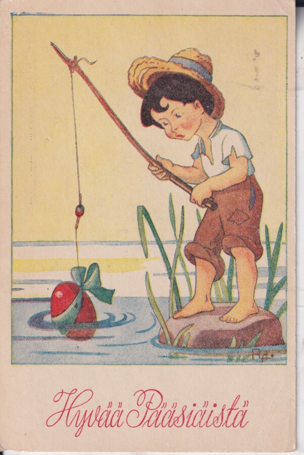 Hyvää Pääsiäistä. Poika ongella. muna .  e211