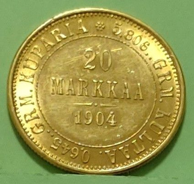 Suomi 20 mk 1904 kulta raha. (PJ)
