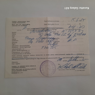 Auton väliaik. rekisteriote v-65 HKIn poliisilaitos
