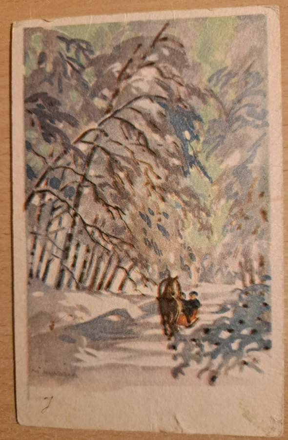 U.Maasio: talvinen metsä, reki, kulkenut 1953