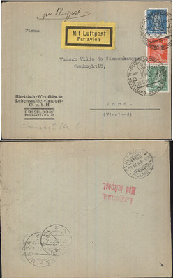 Saksa Mi 393 (vikaa) kirje lentopostissa Suomeen