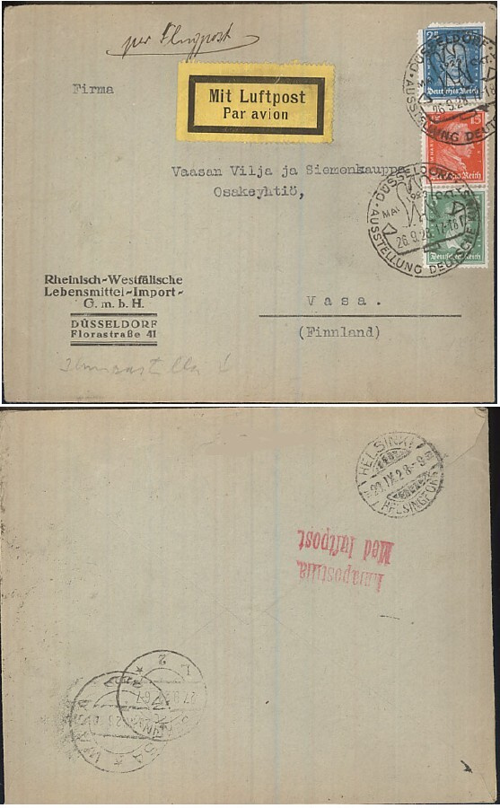 Saksa Mi 393 (vikaa)  kirje lentopostissa Suomeen
