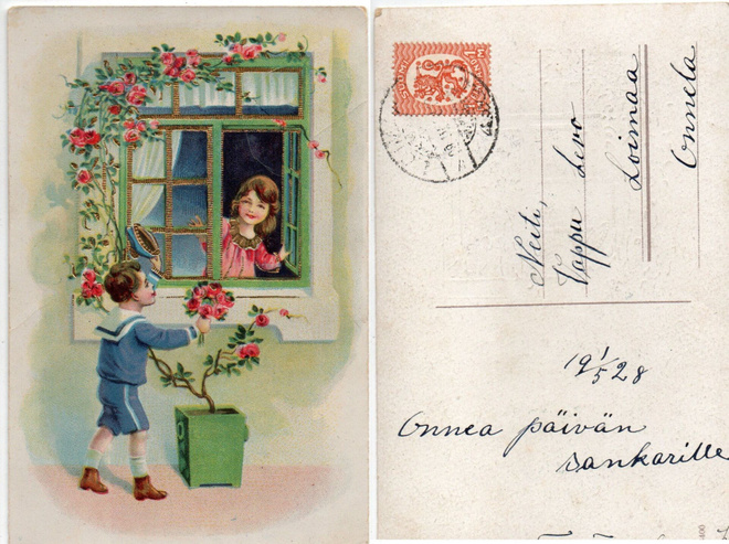 Vanha kortti, tyttö ja poika, vuodelta 1928