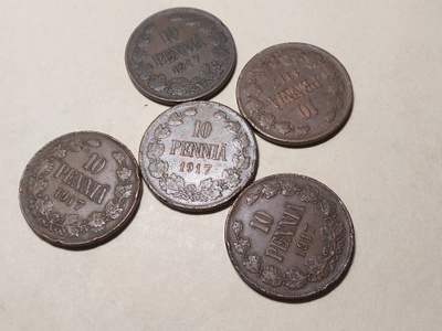 10 penniä Cu 1917 II 5 kpl