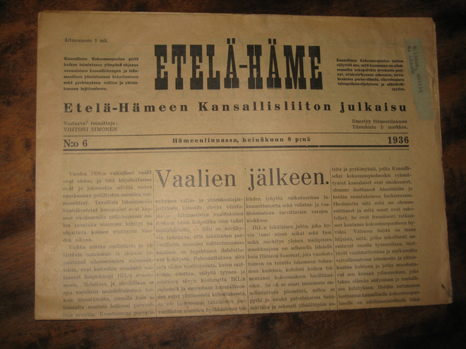 Etelä-Häme   Kokoomuksen vaalilehti  8.7.1936