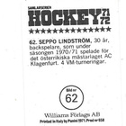 1971-72 Williams #62 Seppo Lindström Suomi TPS - pikkukuva 2