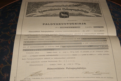 Hämeenläänin palovakuutuskirja 1923
