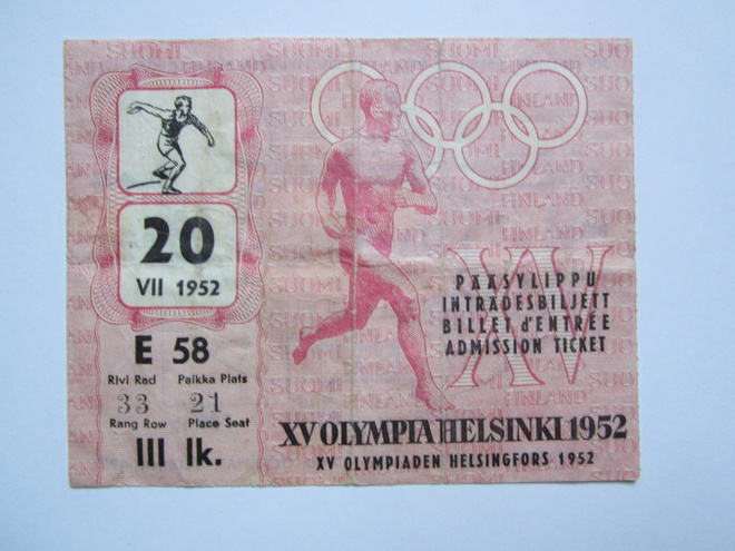 1952 HELSINGIN OLYMPIALAISET PÄÄSYLIPPU