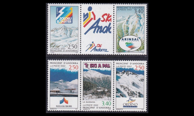 Andorra Fr 446-50ds ** Hiihtokeskuksia (1993)