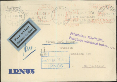 1944 lentokirje Saksaan Turku 8.9.1944 - Palautetaan lähettä