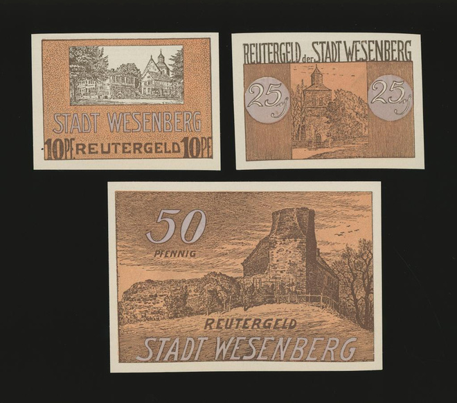 Saksa Notgeld 10, 25, 50 Pfg, Wesenberg 1922