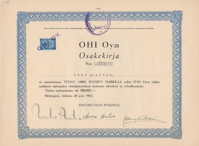 OKK 1942 OHI Oy, Helsinki osakekirja