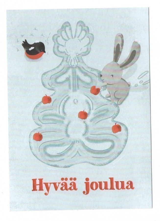 Jänis, joulukuusi, punatulkut #