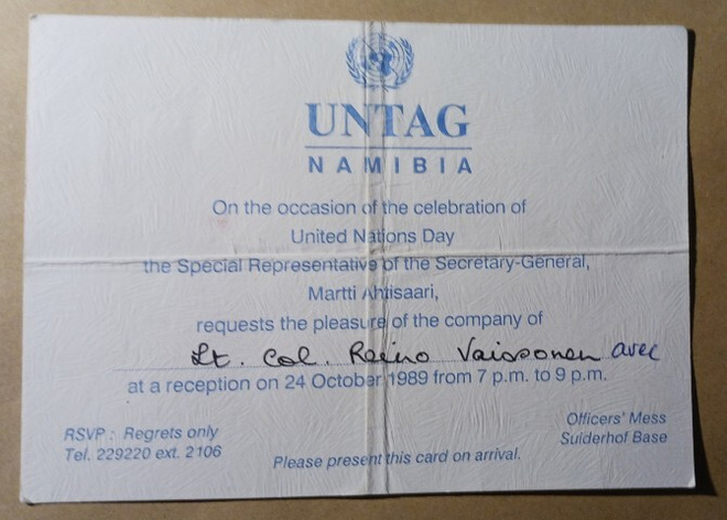 UNTAG, Namibia, Ahtisaaren juhlakutsu R. Väisäselle 1989