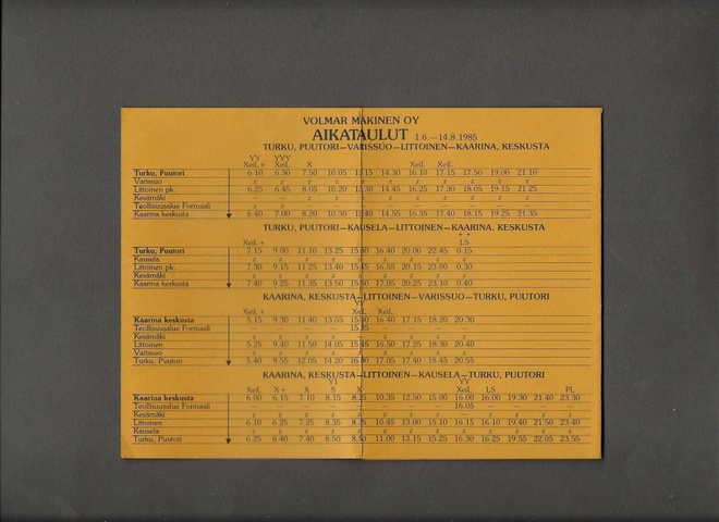 Aikataulut, Volmar Mäkinen, 1985