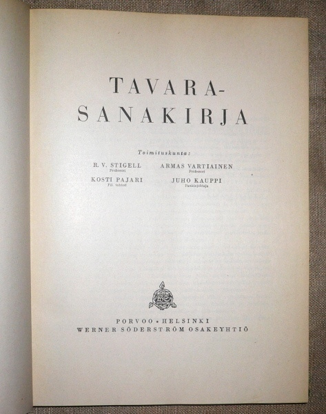 R.V.Stigell : Tavarasanakirja   1947 1.p.