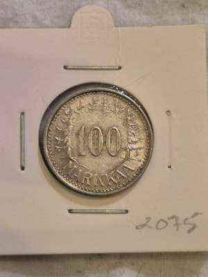 Hopearaha 100 markkaa 1957, Suomi, 5,2 g Ag500