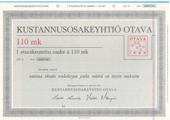 OKK 1978 Otava Kustannusosakeyhtiö, Helsinki pörssi