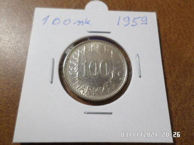 100  mk 1959  Hopeaa  Kulkematon  lyöntikiiltoinen Kl 9