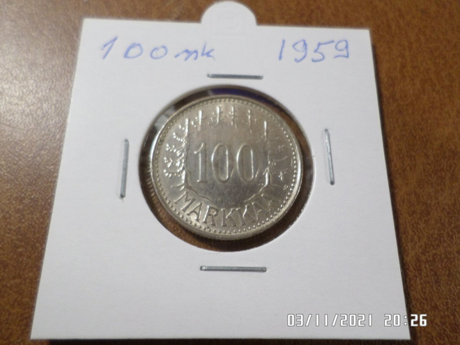 100  mk 1959  Hopeaa  Kulkematon  lyöntikiiltoinen Kl 9