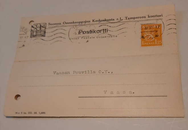 Firmakortti Tampereen konttori SOK, 1937