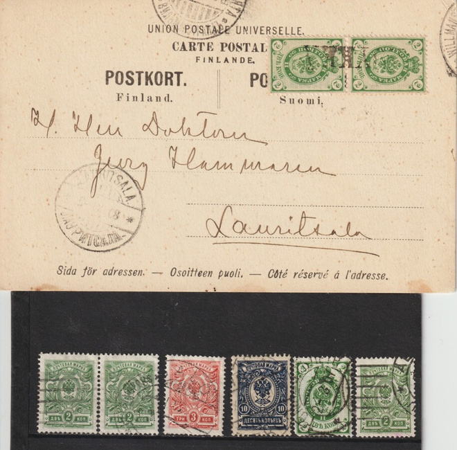 1908 Venäläisiä merkkejä Suomessa ja postikortti