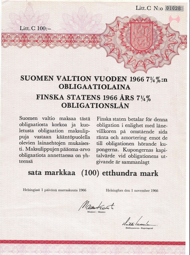 OKK 1966 Suomen valtion  obligaatio