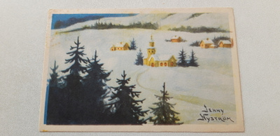 Vanha Nyström joulukortti, kirkonkylä maisema
