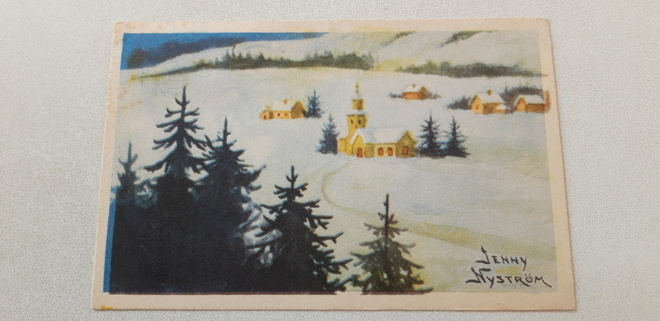 Vanha Nyström joulukortti, kirkonkylä maisema