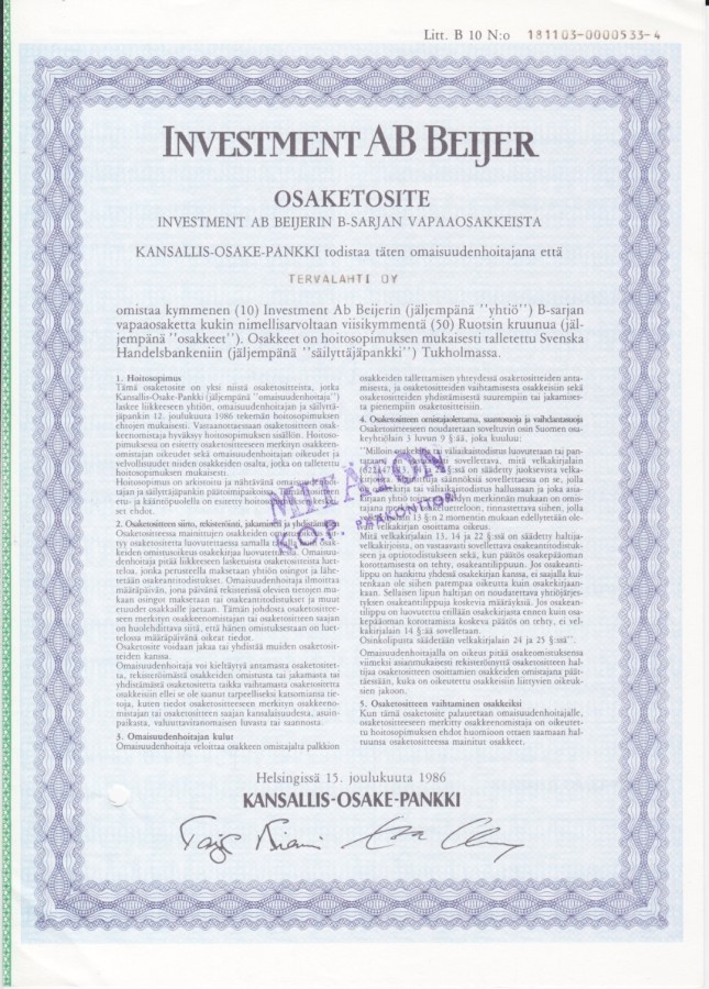 OKK 1986 Investment Beijer Ab, pörssi