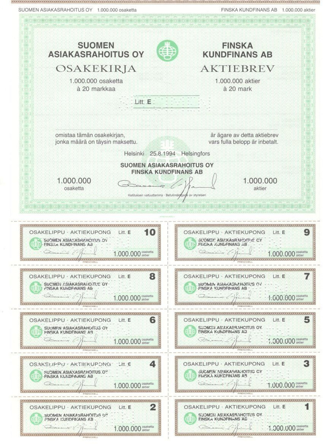 OKK obligatio Suomen Asiakasrahoitus 1 milj. osaketta 1994