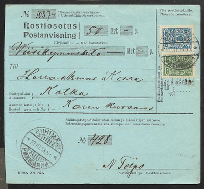 Postiosotus - 5+20p 1911 (LAPE 62+64) Riihimäki 27.3.1916