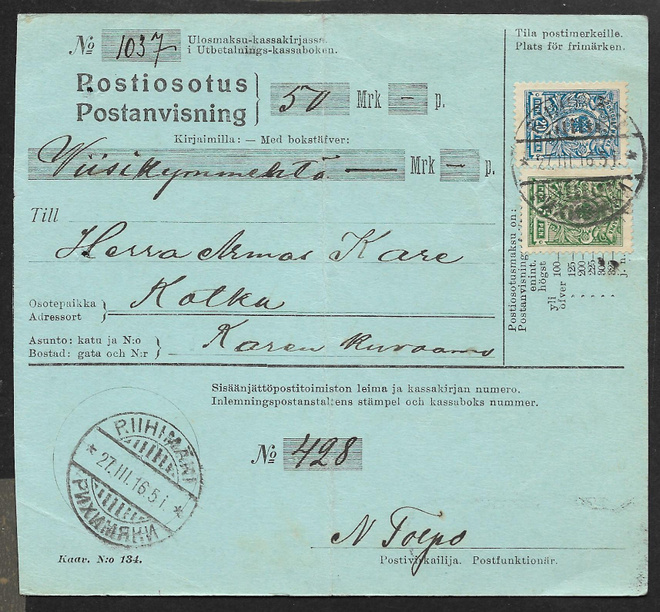 Postiosotus - 5+20p 1911 (LAPE 62+64) Riihimäki 27.3.1916