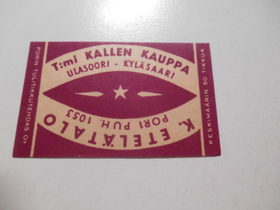 TT Etiketti T:mi Kallen Kauppa Ulasoori Kyläsaari Pori