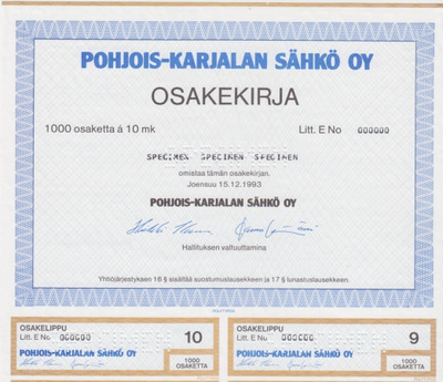 OKK 1993 Pohjois-Karjalan Sähkö Oy spec, Joensuu osakekirja