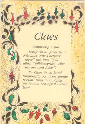 kortti ** Etunimi Claes Clas Klas David Dennis Erling Ragnar