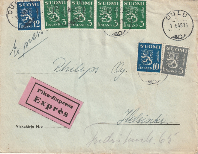 1948 Pikakirje Oulusta Helsinkiin Philips Oy:lle(M30 sarjaa)