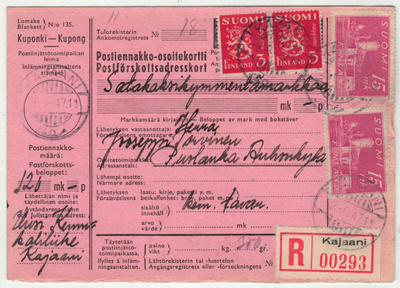 1947 kirjattu postiennakkopaketti