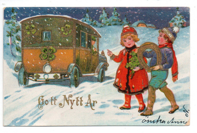 Vanha kortti, lapset ja auto, vuodelta 1931