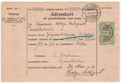 1921 2 mk vihreä/musta pari pakettikortti 1921