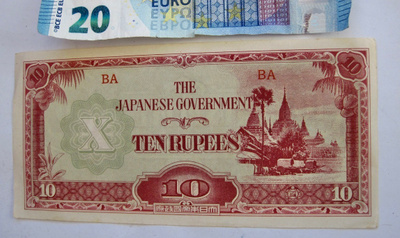 Burma Japanin Miehitys Sota-Aika 10 Rupee HYVÄ Lähes Sileä