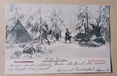 Lappilainen hiihtää koira mukanaan, kota, metsää k. k-k 1902