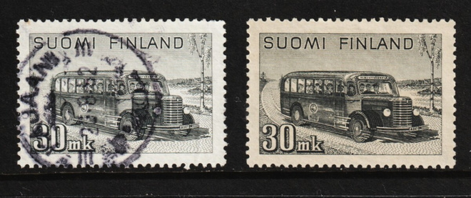 1947 30mk Onnibussi-yleismerkki leimattuna ja **