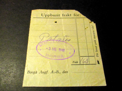 1940 Ångfartyget Borgå kuitti, perunaa