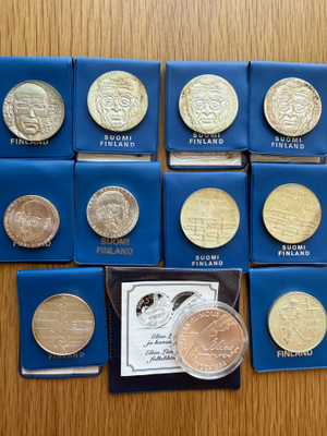 Hopeisia juhlamarkkoja ja euroja 11kpl